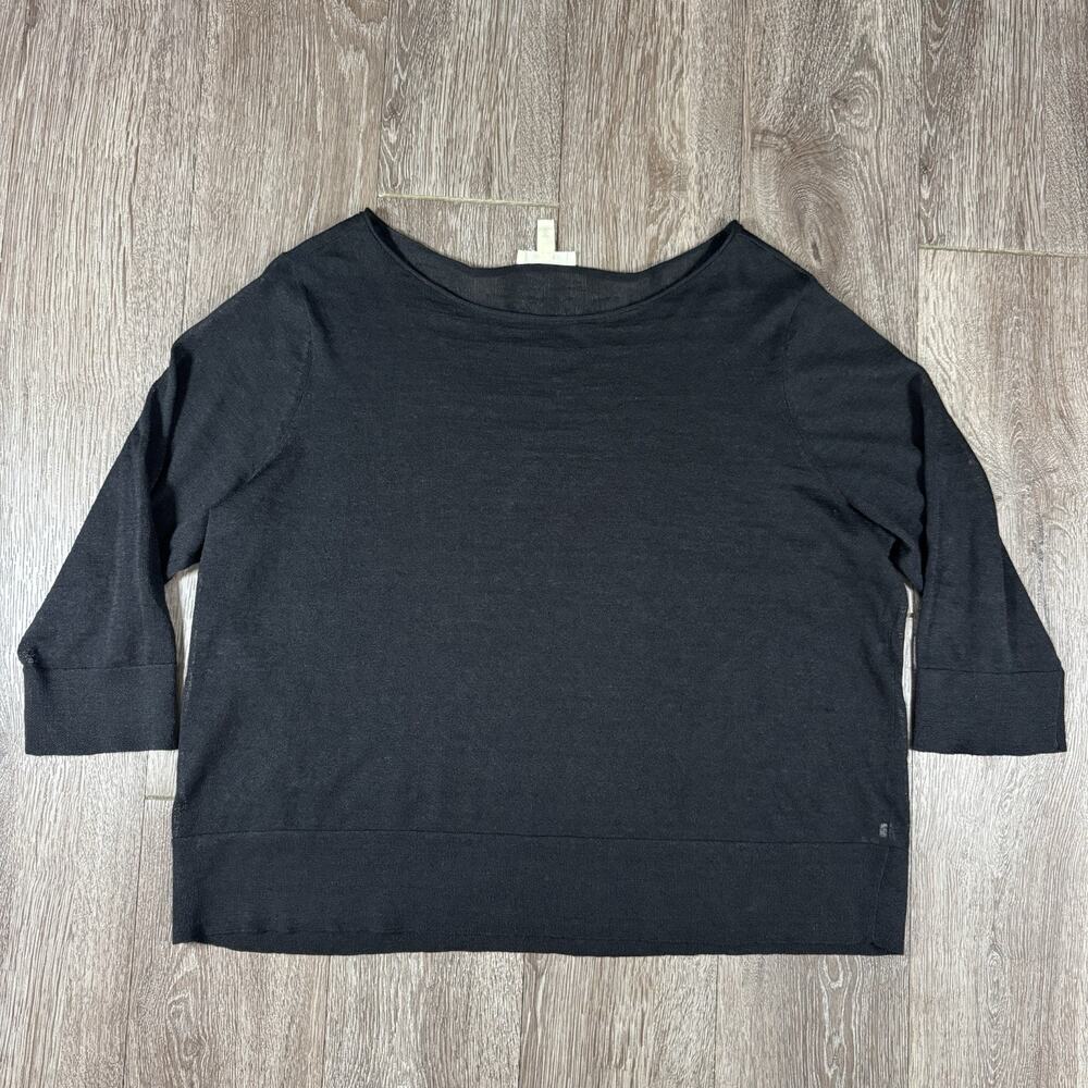 Eileen Fisher Black Linen Nylon Crepe Knit Box Top Medium 3/4 Sleeve Sheer